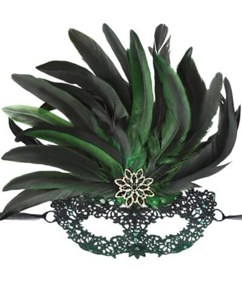 4207 Halloween Masquerade Masks - Black Green Feather Lace Mask with Green